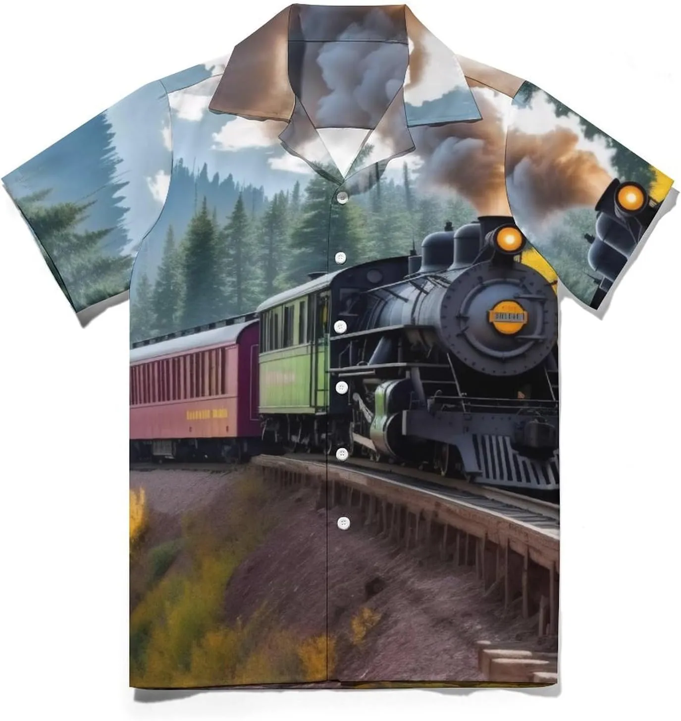 Steam Train Print Cuban Collar Shirt Classic Design for Comfort and Style