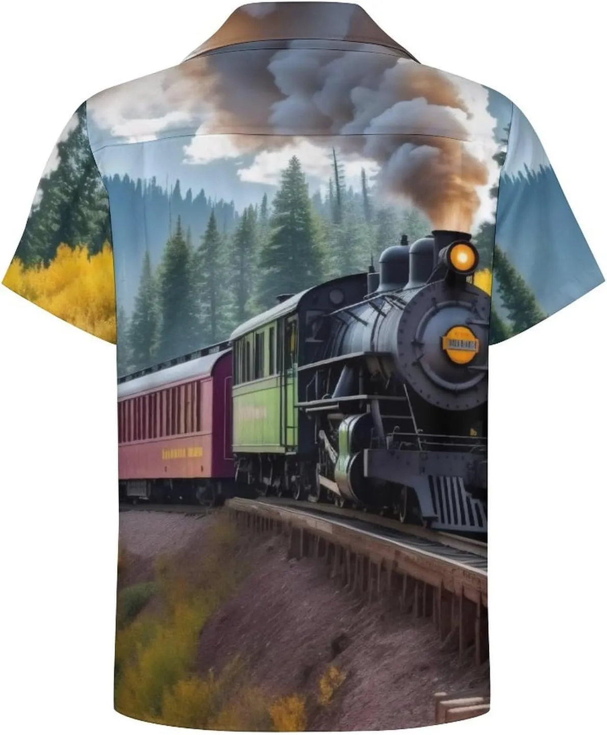 Steam Train Print Cuban Collar Shirt Classic Design for Comfort and Style