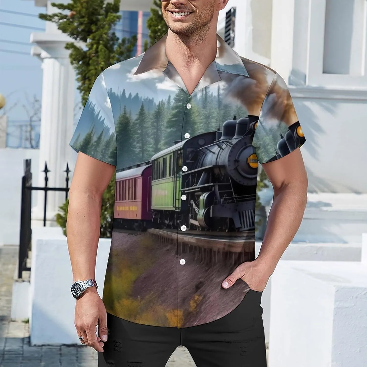 Steam Train Print Cuban Collar Shirt Classic Design for Comfort and Style