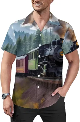 Steam Train Print Cuban Collar Shirt Classic Design for Comfort and Style