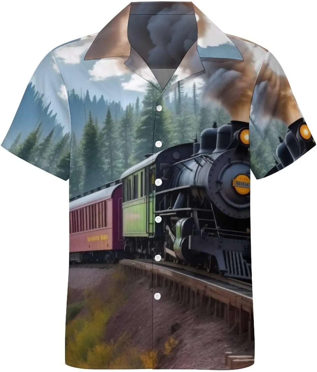 Steam Train Print Cuban Collar Shirt Classic Design for Comfort and Style