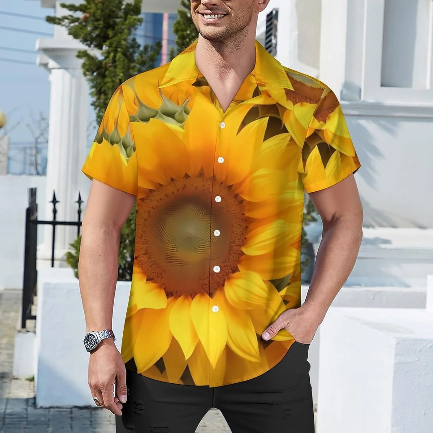 Sunflower Print Cuban Collar Shirt Classic Design for Comfort and Style