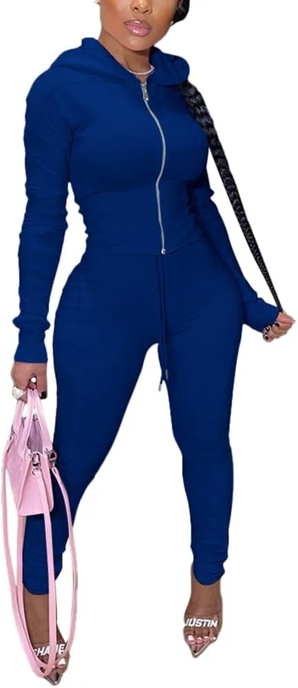 TOPSRANI Women Two Piece Outfits Bodycon Tracksuit Sweatsuits Hoodie Solid Jogger Workout Lounge Zipper Long Sleeve Pant Sets