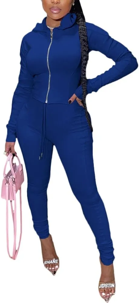 TOPSRANI Women Two Piece Outfits Bodycon Tracksuit Sweatsuits Hoodie Solid Jogger Workout Lounge Zipper Long Sleeve Pant Sets