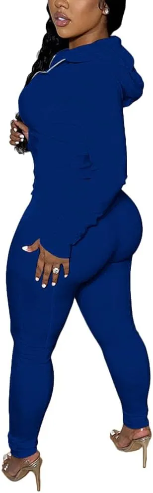 TOPSRANI Women Two Piece Outfits Bodycon Tracksuit Sweatsuits Hoodie Solid Jogger Workout Lounge Zipper Long Sleeve Pant Sets