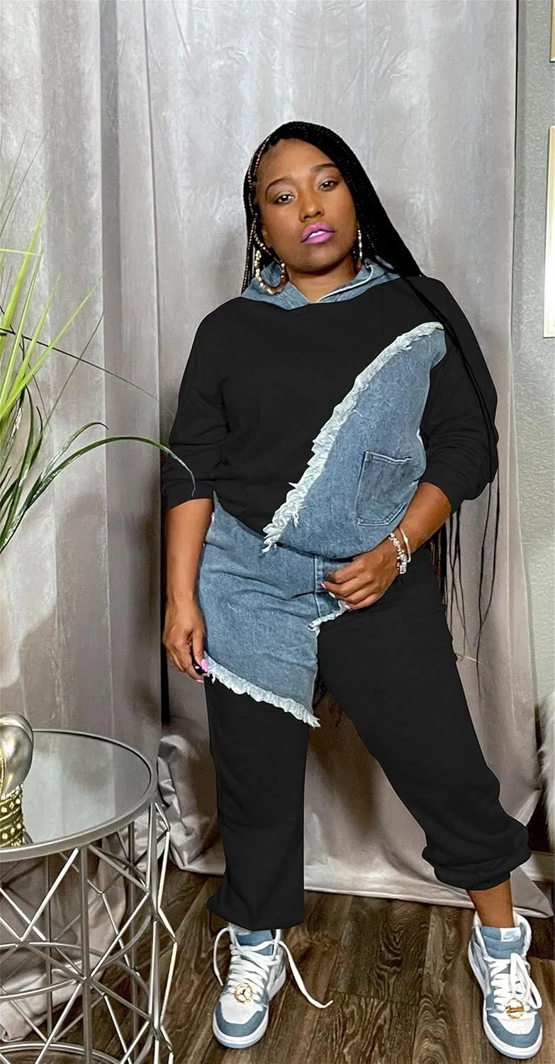 Two Piece Outfits for Women Long Sleeve Casual Hoodie Sweatshirt Pants Set with Pockets Patchwork Denim Sweatsuits