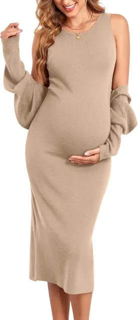 V FOR CITY Maternity Dress Sweater Two Piece Sets for Women Bodycon Dresses Tank Slit Cropped Cardigan Long Sleeve Knit