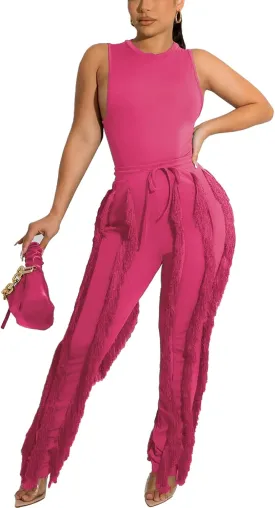 Vakkest Women's 2 Piece Outfits Sleeveless Tanks Top High Waist Fringe Long Pants Casual Tassels Bodycon Yoga Pants