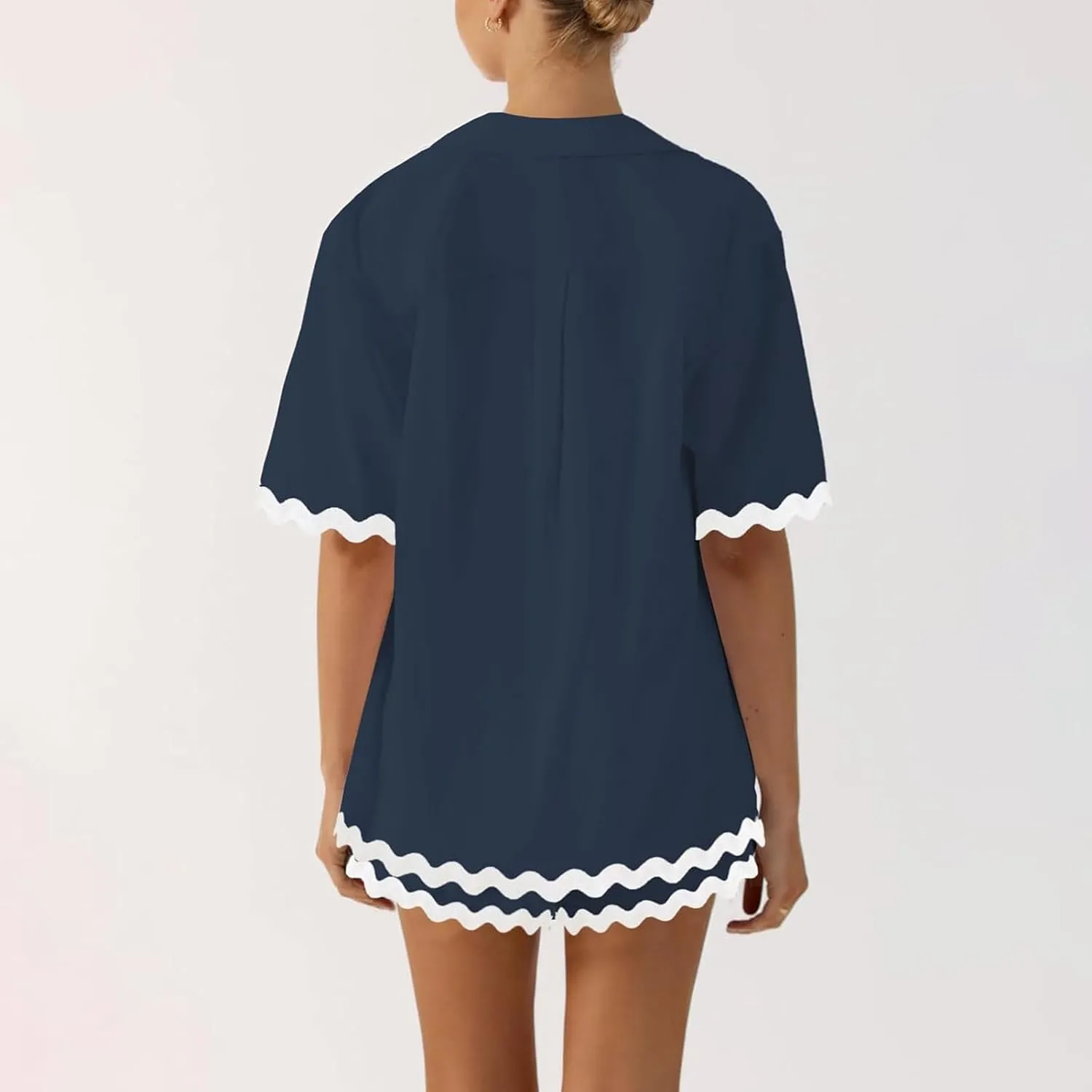 Women 2 Piece Beach Outfit Short Sleeve Button Down Shirt Top and Shorts Summer Casual Lounge Sets Loungewear
