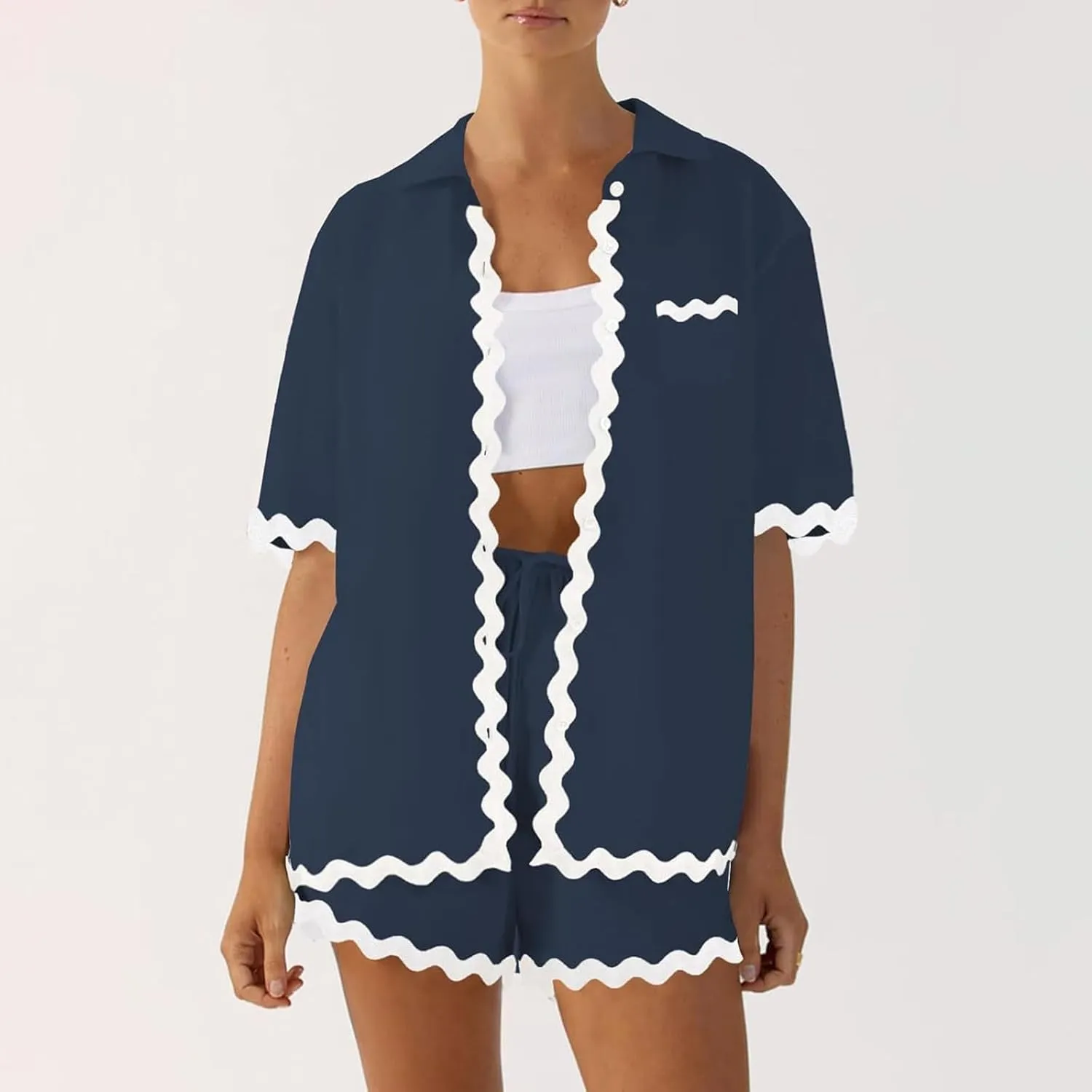 Women 2 Piece Beach Outfit Short Sleeve Button Down Shirt Top and Shorts Summer Casual Lounge Sets Loungewear