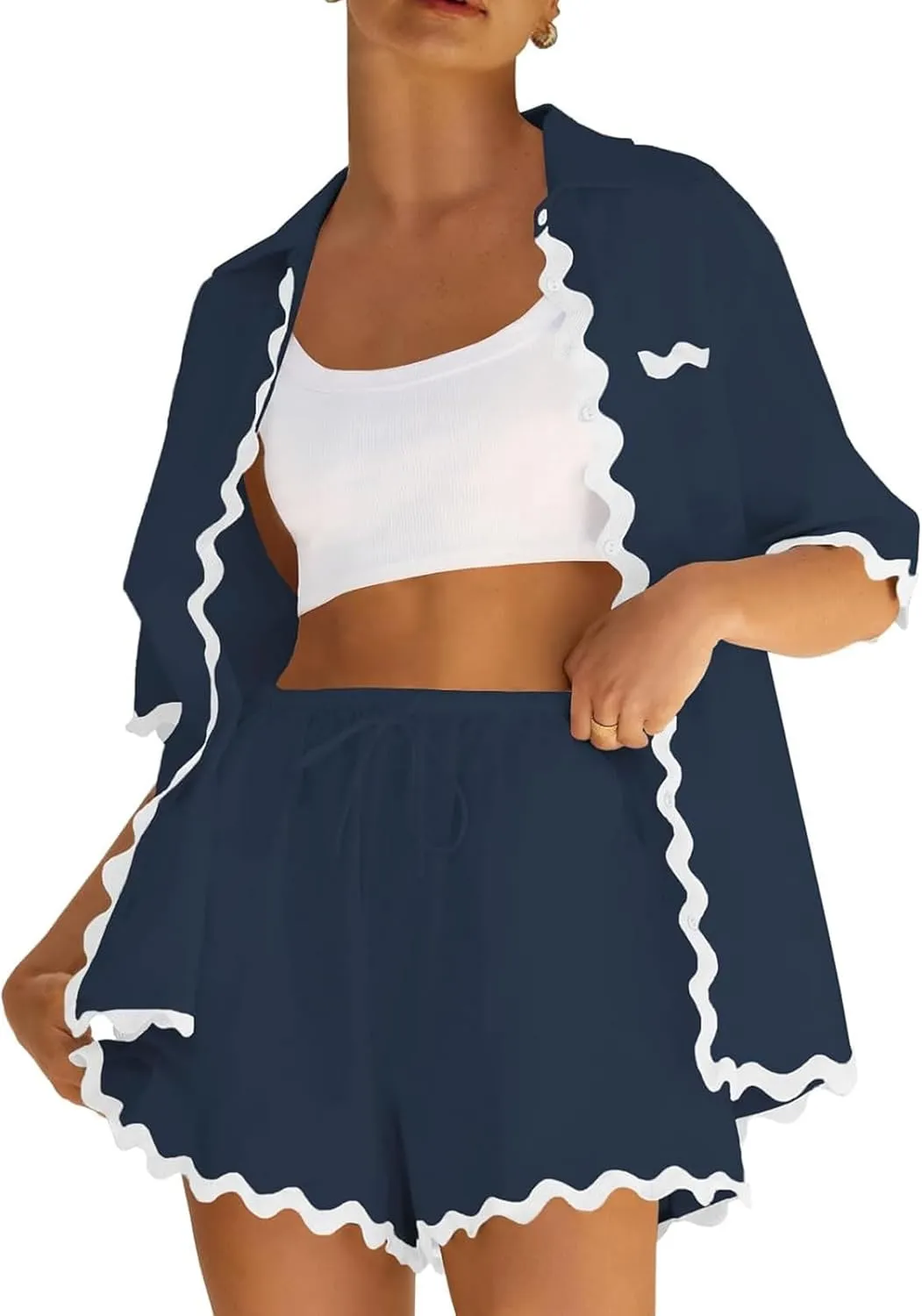 Women 2 Piece Beach Outfit Short Sleeve Button Down Shirt Top and Shorts Summer Casual Lounge Sets Loungewear