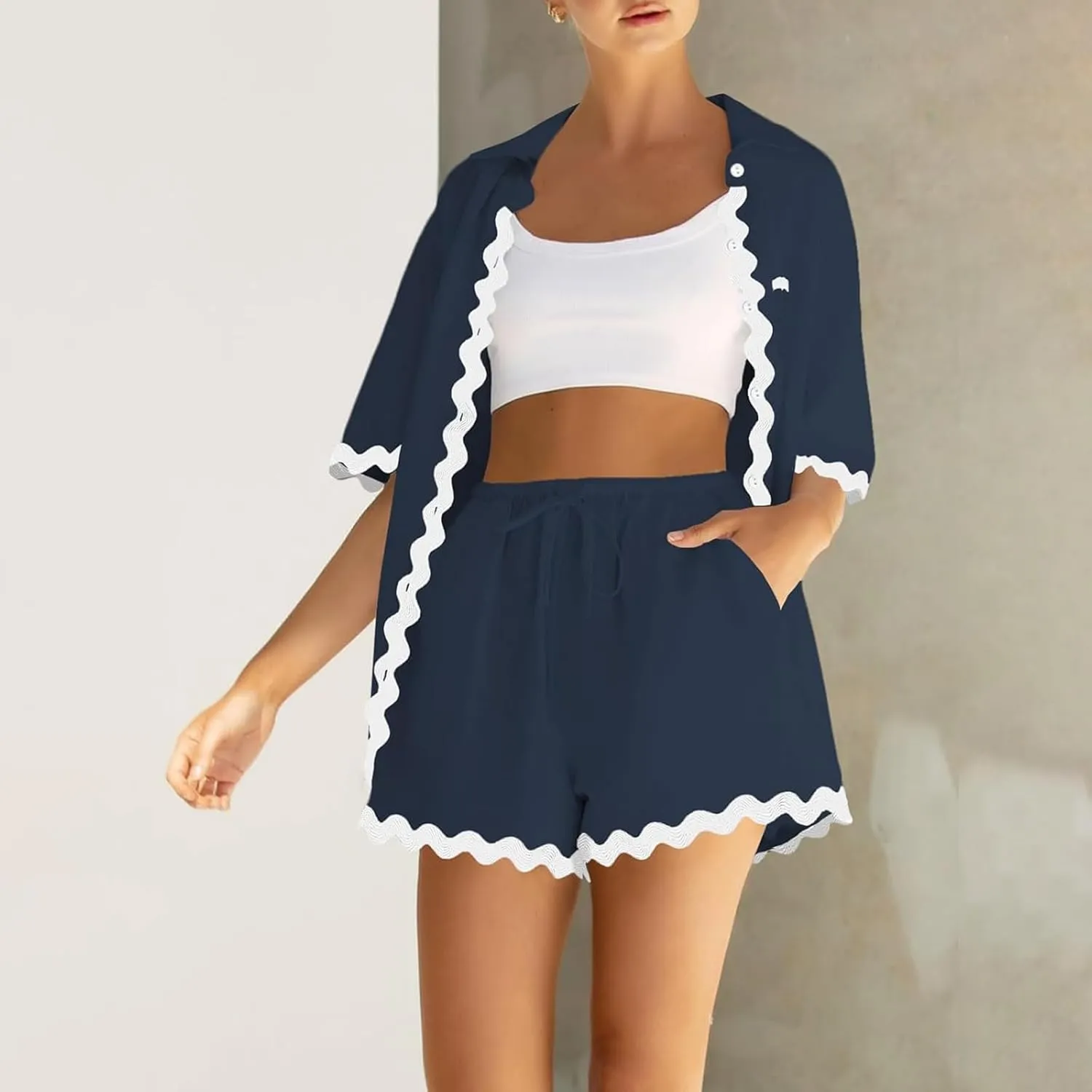 Women 2 Piece Beach Outfit Short Sleeve Button Down Shirt Top and Shorts Summer Casual Lounge Sets Loungewear