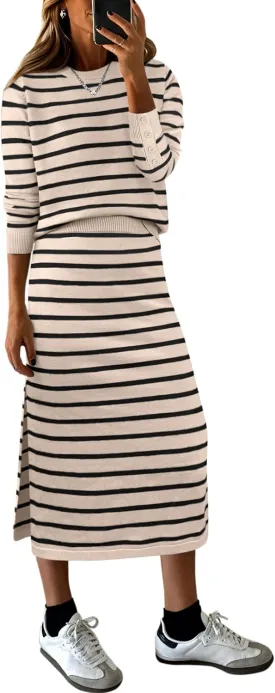 Women 2 Piece Outfits Striped Sweater Skirt Sets Fall Casual Long Sleeve Pullover Top Lounge Travel Midi Dress