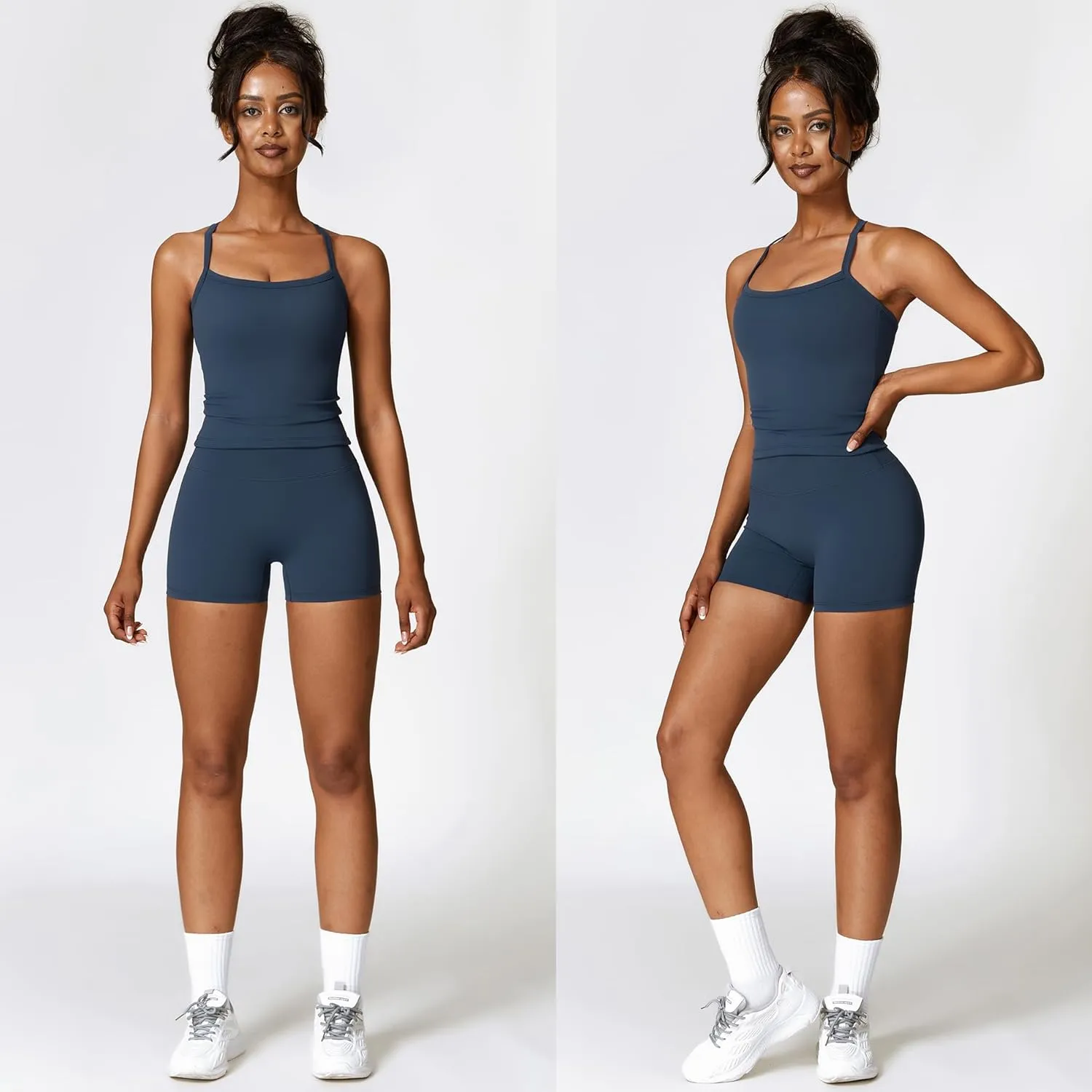 Women 2 Piece Workout Sets (2025 NEW) Yoga Outfit Open Back Tank Top High Waisted Shorts Gym Sets Tracksuits