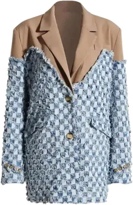 Women Denim Color-Block Blazer Casual Lapel Long Sleeve Single Breasted Loose Fit Jacket
