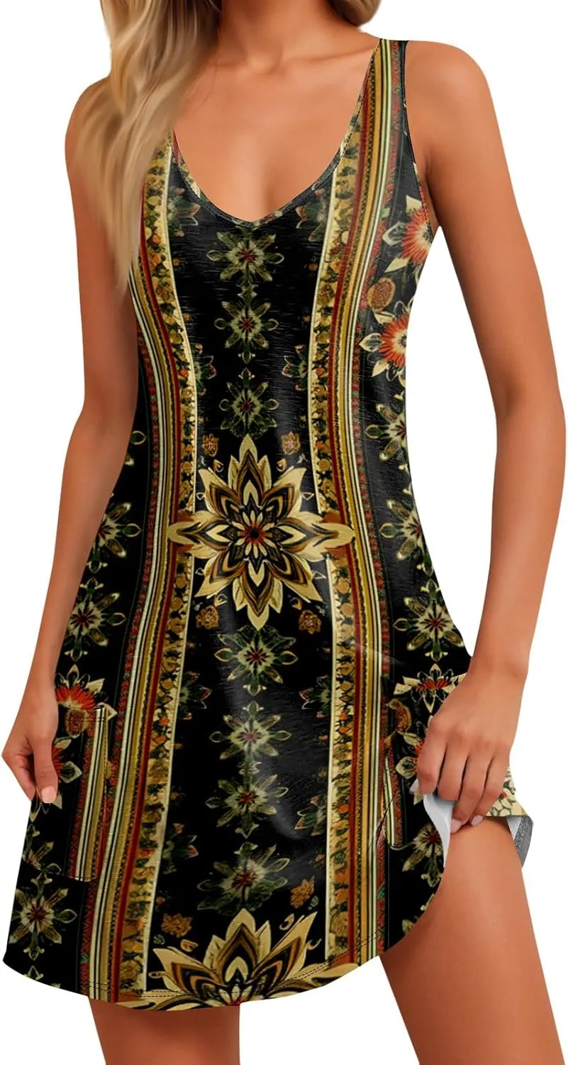 Women's Summer Dresses Sleeveless Vacation Dress with Pocket Casual 2025 Sundress Beach Printed Swimsuit Coverup