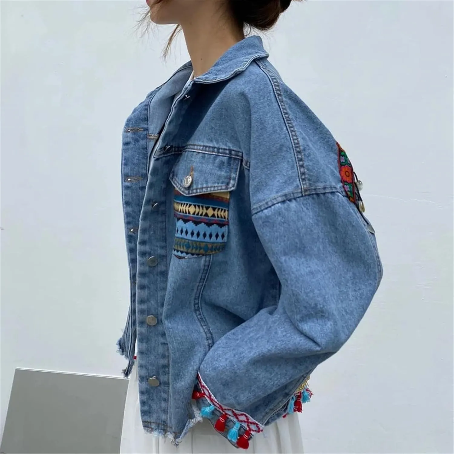 Women's Vintage Floral Embroidered Denim Jacket with Sequins and Tassel Trim