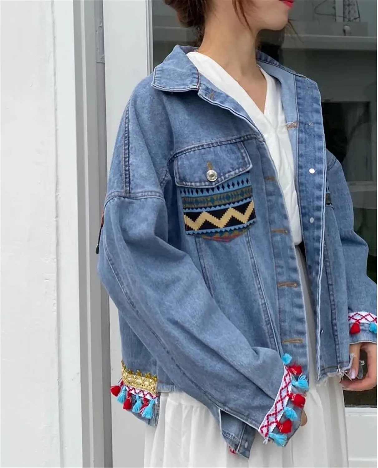 Women's Vintage Floral Embroidered Denim Jacket with Sequins and Tassel Trim
