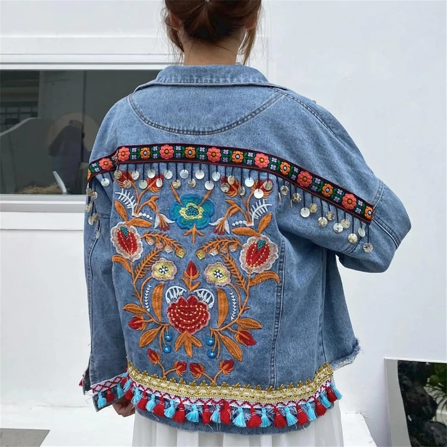 Women's Vintage Floral Embroidered Denim Jacket with Sequins and Tassel Trim