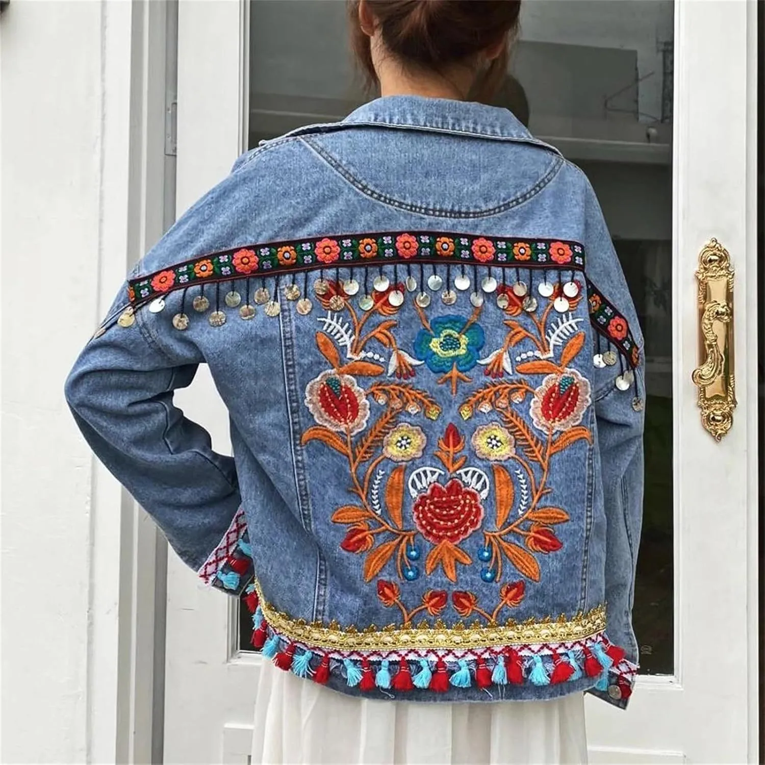 Women's Vintage Floral Embroidered Denim Jacket with Sequins and Tassel Trim
