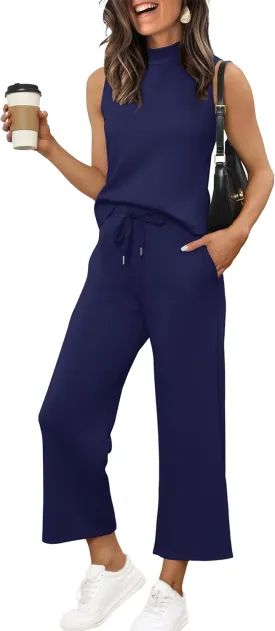 XIEERDUO Two Piece Sets for Women Summer Lounge Sets Beach Vacation Travel Outfits Casual Wide Leg Pants Matching Sets