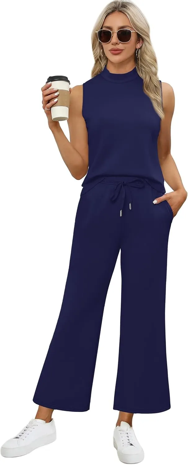 XIEERDUO Two Piece Sets for Women Summer Lounge Sets Beach Vacation Travel Outfits Casual Wide Leg Pants Matching Sets
