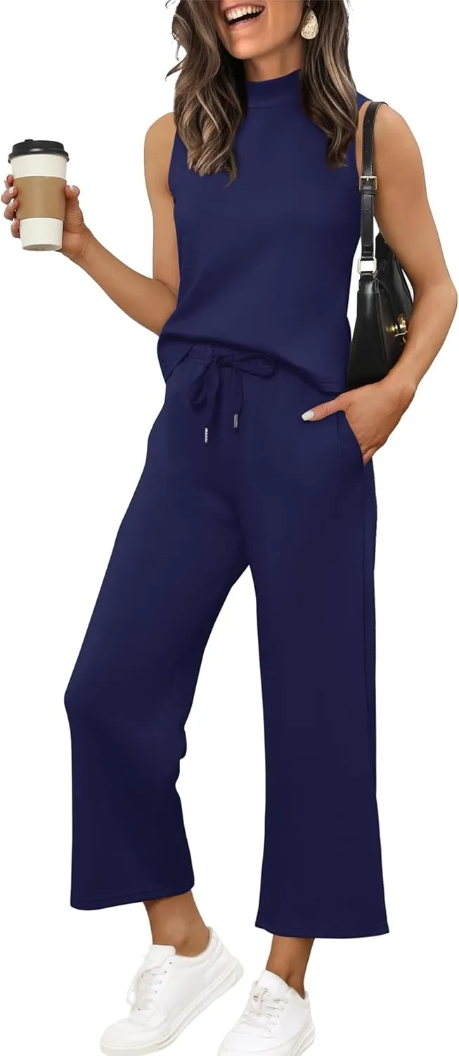 XIEERDUO Two Piece Sets for Women Summer Lounge Sets Beach Vacation Travel Outfits Casual Wide Leg Pants Matching Sets