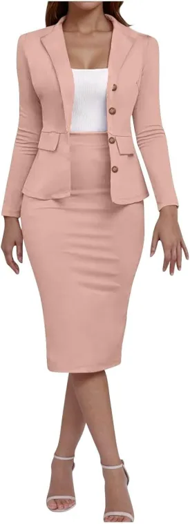 ZEFOTIM Pant/Skirt Suits for Women Dressy Business Blazers Solid Color Casual Short/Long Sleeve Two Piece Jackets